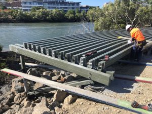 PW landscape installing pedestrian boardwalk in Townsville over sensitive mangrove area around the Ross River